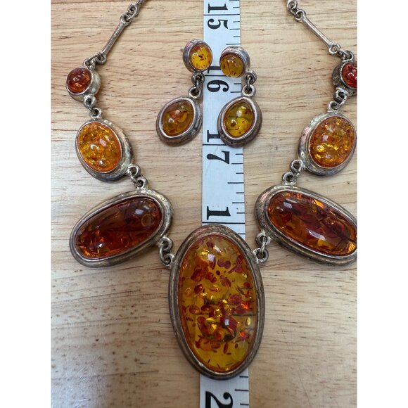 Amber Necklace & Earring Set With Silver Details - Picture 7 of 16